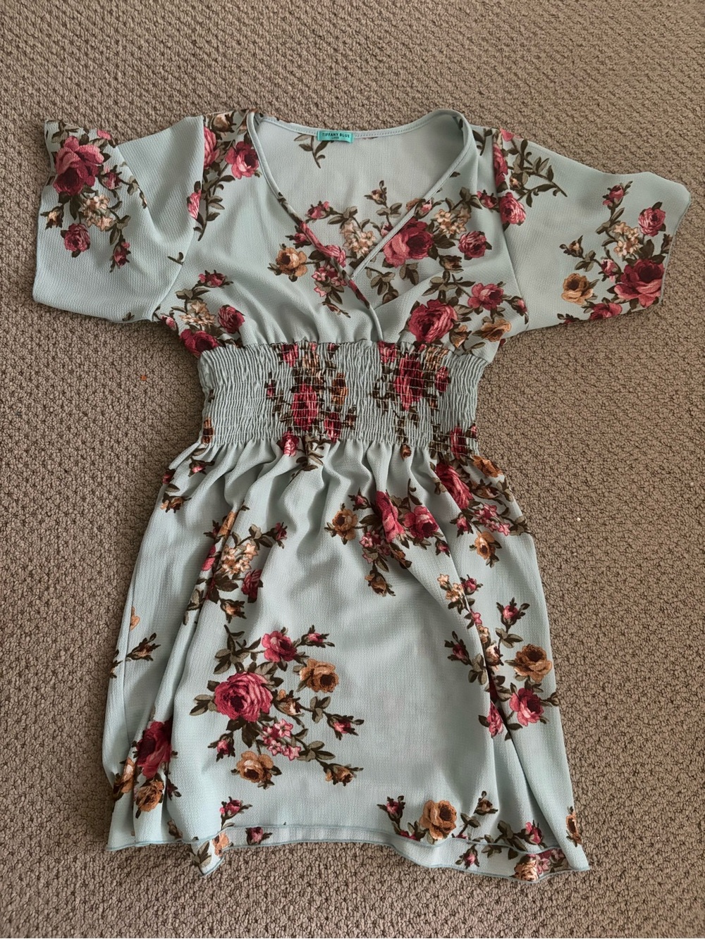 Floral Tiffany Blue Smocked Waist Mini Dress Fits M- Light Blue with Pink Roses